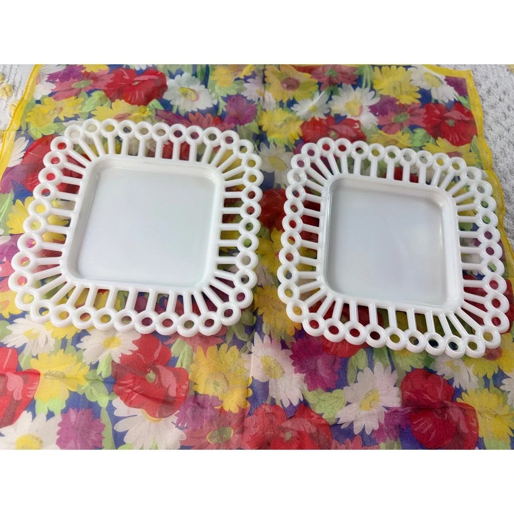 Vintage Westmoreland Milk Glass Open Lace Edge Square Plates Set of 2 White 7in